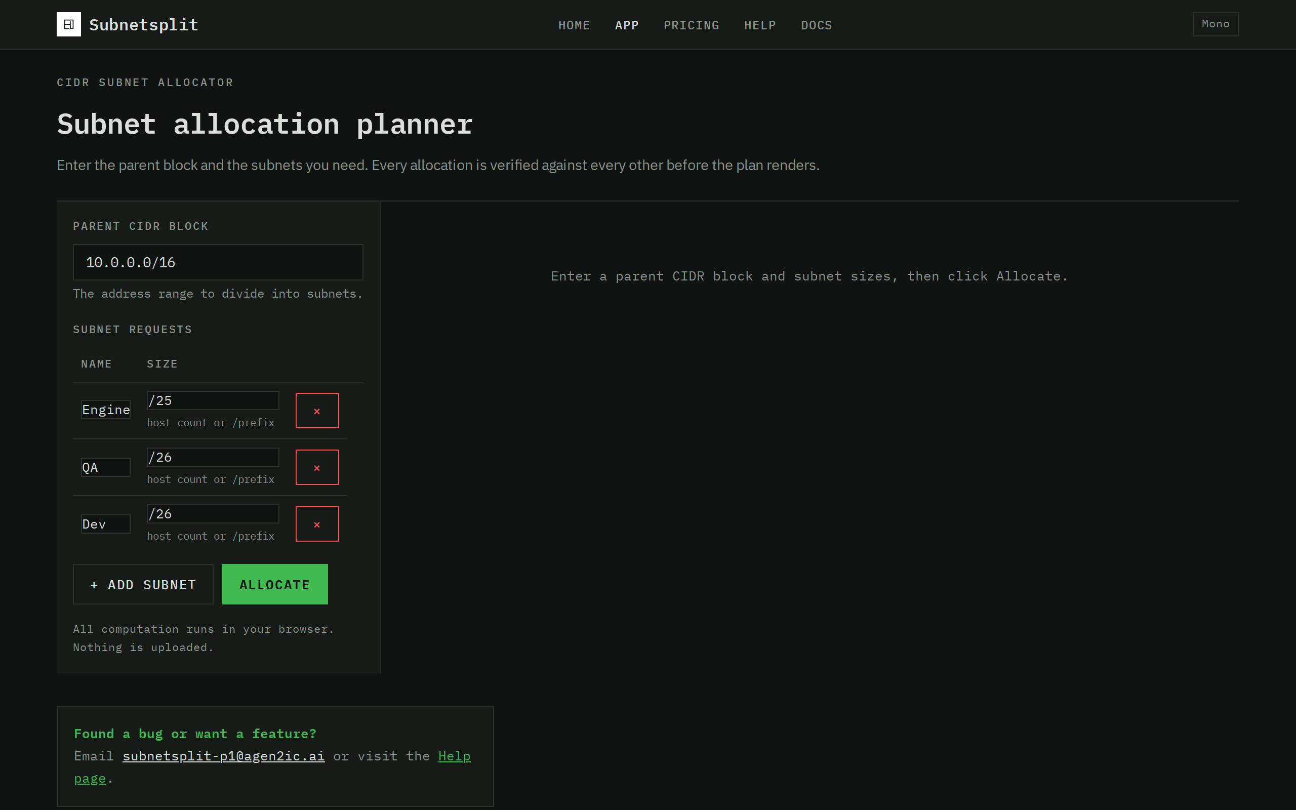 Subnetsplit app showing the input form with parent CIDR 10.0.0.0/16 and three subnet requests, and the verified allocation table below with ranges, masks, usable hosts and status flags